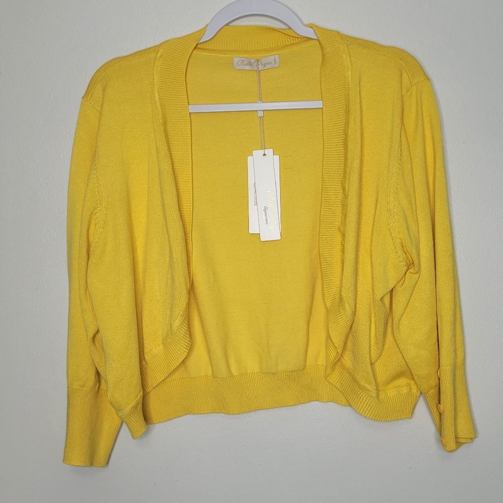 Belle Pogue Yellow Cardigan Sweater Crop Plus Size 3/4 Sleeve 2xl NWT